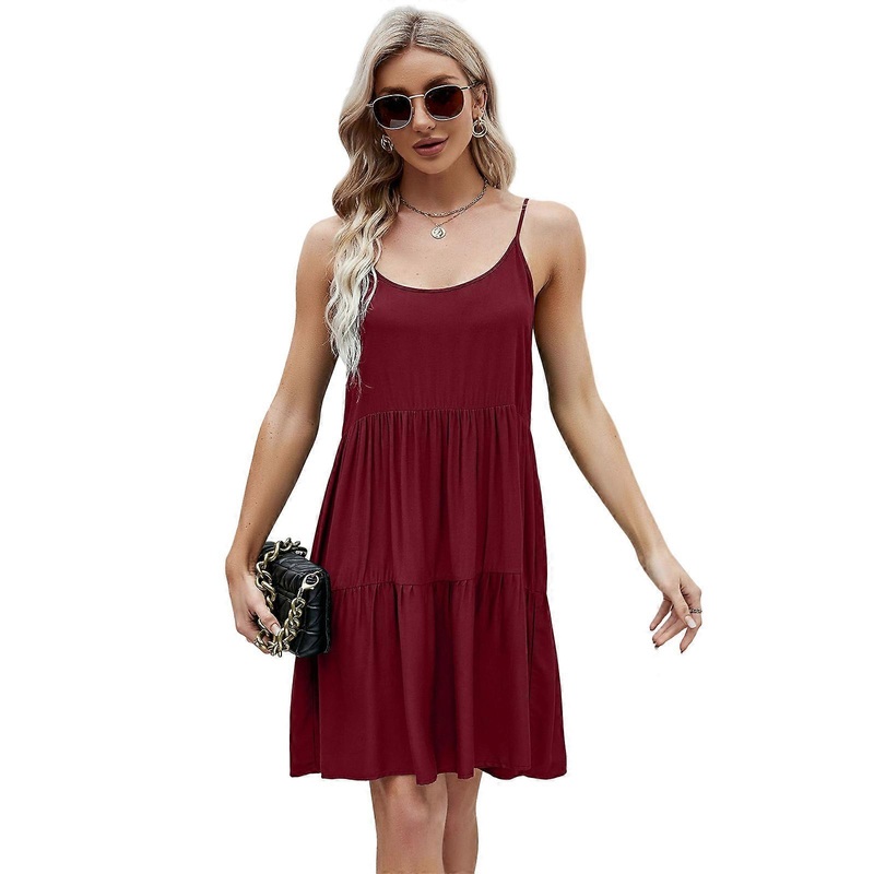 Womens Summer Dresses Spaghetti Strap Swing Tiered Dress Cover Up Backless Tie Up Casual Dress  Burgundy XL | Fruugo SG