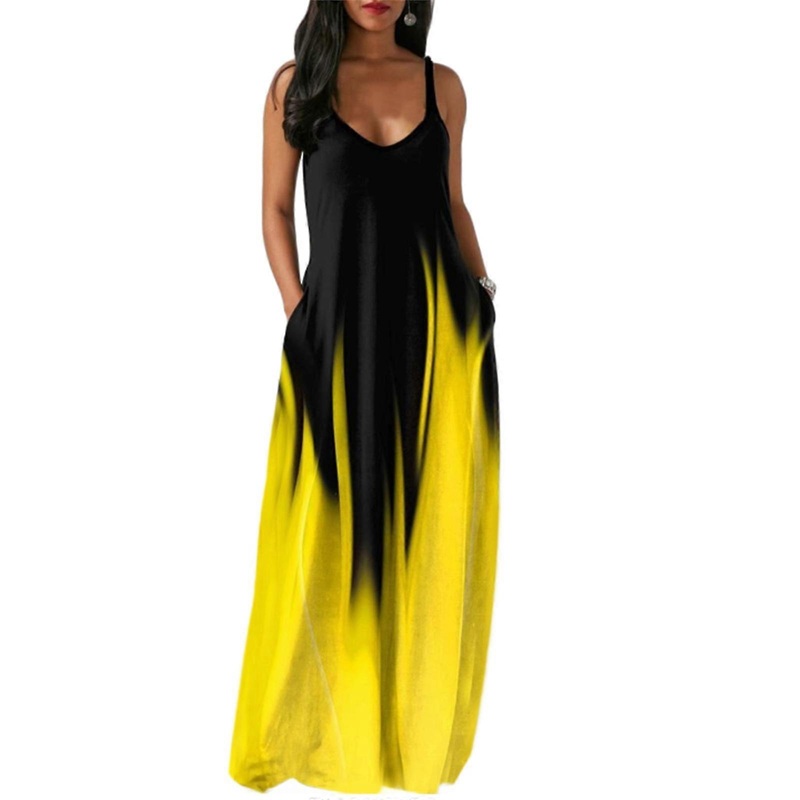 Womens Summer Spaghetti Strap Sleeveless Maxi-Long Dress with Pockets Vintage Gradient-Color A-Line Flared Beach Dresses  light yellow XL | Fruugo SG