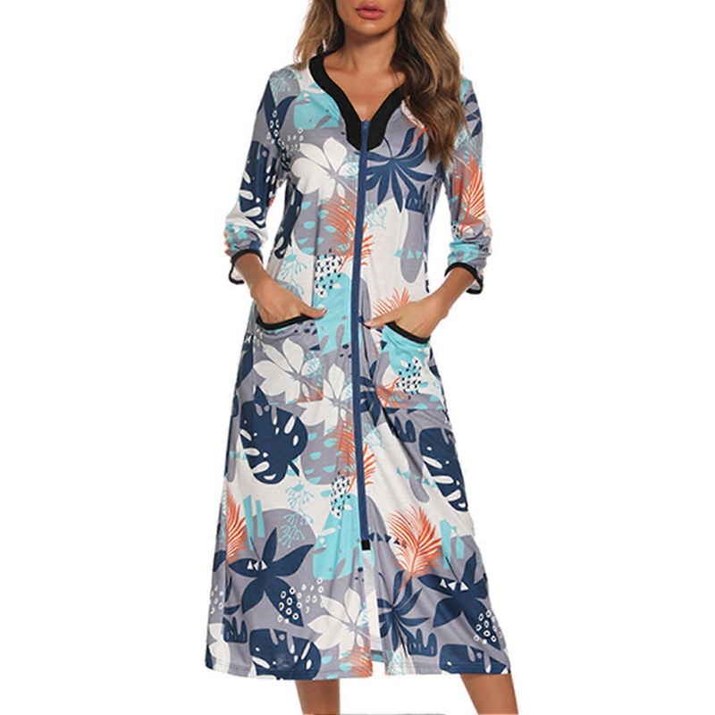 Zipper Nightgown 3/4 Sleeve for Women V Neck Loose Printed Nightdress with Pocket for Sleep Relax | Fruugo SG
