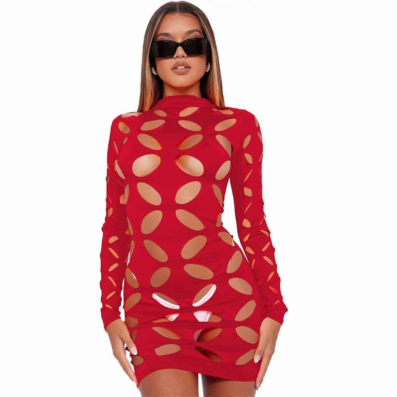 2023 Fashion Women Dress Sexy Mini Dresses Long Sleeve Hollow-out Bodycon Dress Evening Party Club Ladies Dresses  Red XL | Fruugo SG