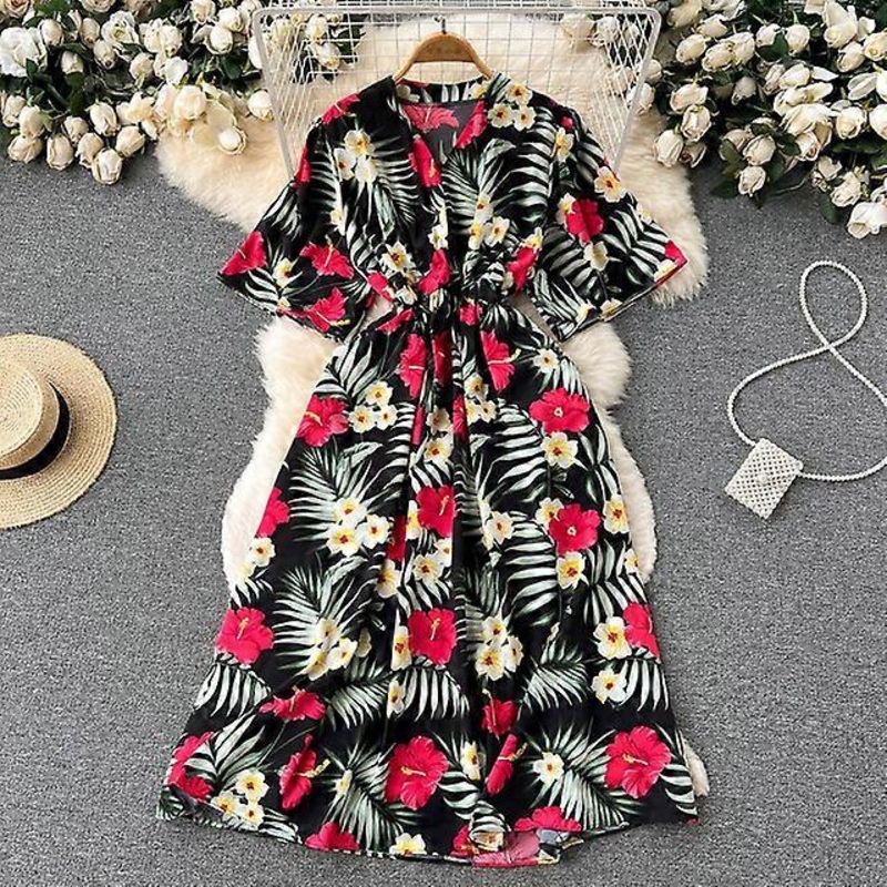 Atopos Floral Elegant Robe Women Beach Summer Dress Fashion Casual Short Sleeve Dresses Holiday Vestido Sundress Woman Outfits-black,One Size | Fruugo SG