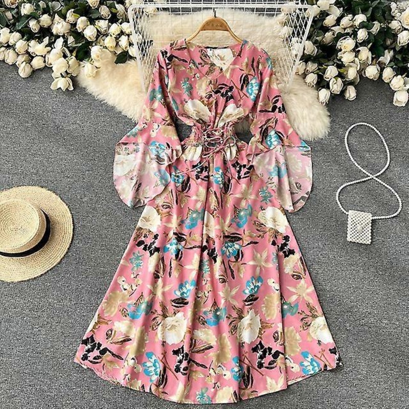 Atopos Women Floral Chiffon Beach Summer Dress Fashion Vintage High Waist Maxi Dresses Holiday Sundress Vestidos Female Clothes-pink,One Size | Fruugo SG
