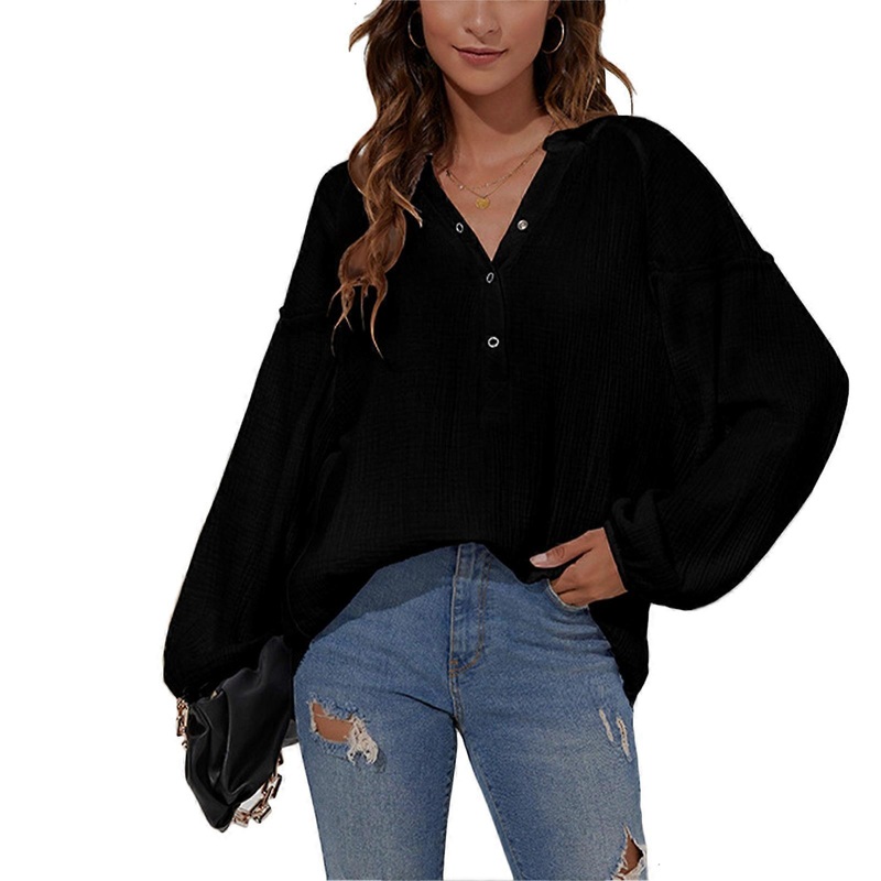 Blouse V Neck Puff Long Sleeve Button Pure Color Fashionable Casual Top for Women | Fruugo SG