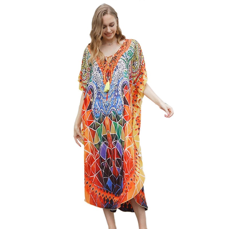 Boho Bathing Suit Cover Up Colorful Kaftan Dress For Women Long Bikini Coverup Batwing Sleeve | Fruugo SG