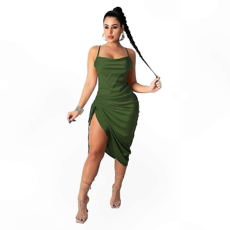 Burgundy Satin Midi Dress for Women – Spaghetti Strap, Cowl Neck, Backless, Side Ruched, Drawstring Slip Dress in Solid Color XXL | Fruugo SG
