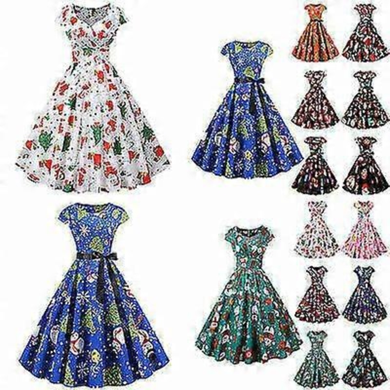 Christmas rock robe dress party prom swing O-neck sexy ladies retro print elegant | Fruugo SG