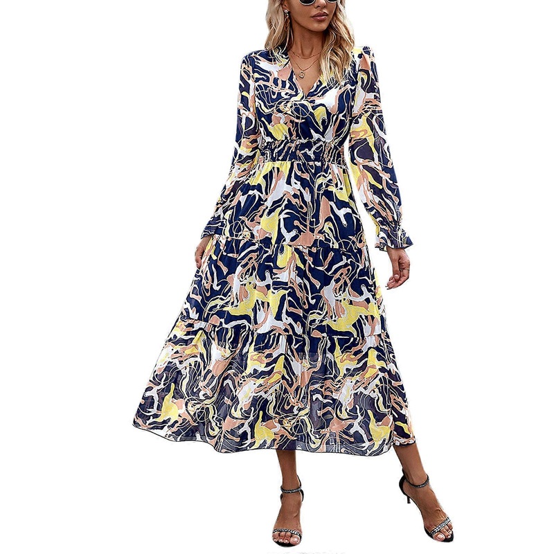 Comfortable Women’s Floral Print V Neck Long Sleeved Dress Ruffle Cuff Summer Casual Maxi Dresses  Royal blue XL | Fruugo SG