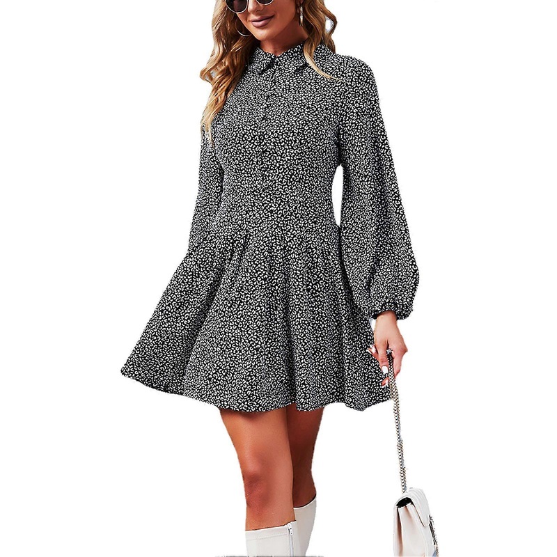 Dress Long Lantern Sleeve Flounce Lapel Button Pure Color Comfortable Fashionable Dress for Women | Fruugo SG