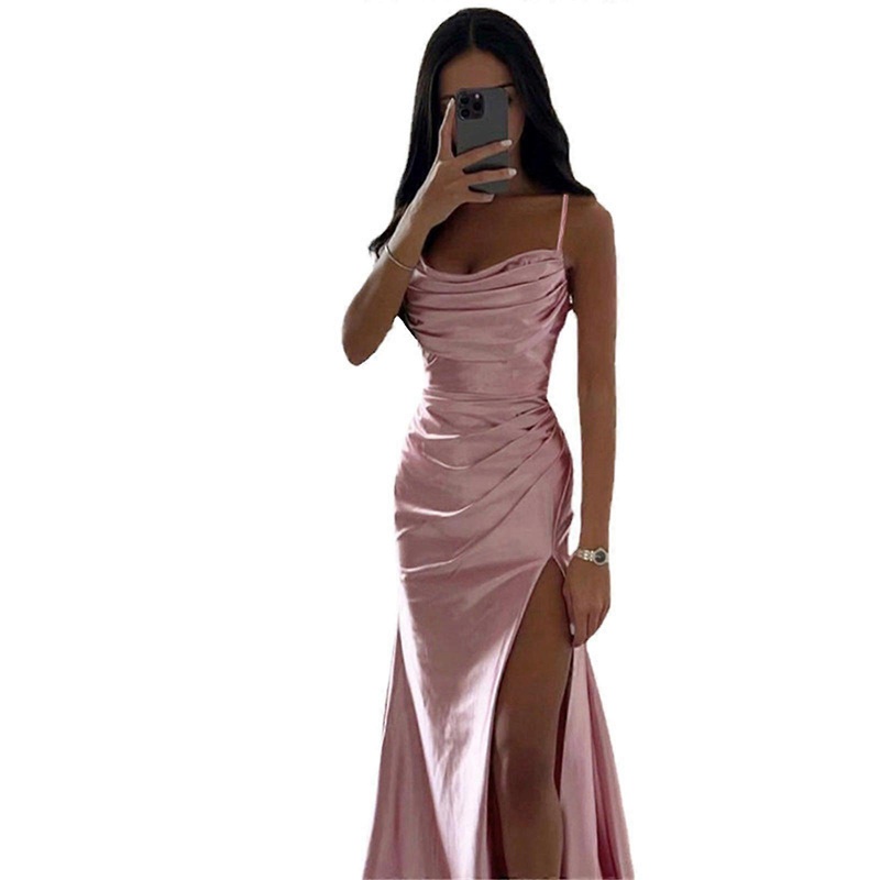 Elegant High Split Pleated Dress Wedding Long Dress Woman Sleeveless Dress Party Evening Prom High Split Lady Dress  Pink XL | Fruugo SG