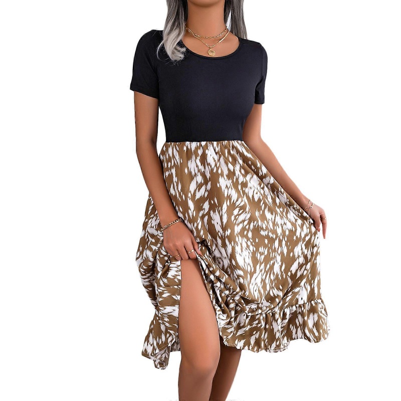 Fashion Ruffle Hem A-Line Dress for Women Summer Short Sleeves Dress Leopard Print Dress Crew Neck Dress Holiday Dress  Khaki XL | Fruugo SG