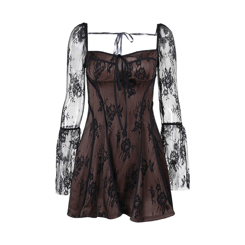 Fashionable Women’s Long Sleeve Mini Dress Slimming Lace Low Cut Square Neck Dresses for Gatherings  brown XL | Fruugo SG