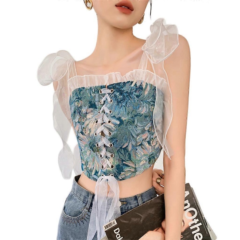 Women Suspender Corset Summer Vintage Jacquard Bandage Camisole Sexy Boat Neck Tulle Strape Irregular Tops  M | Fruugo SG