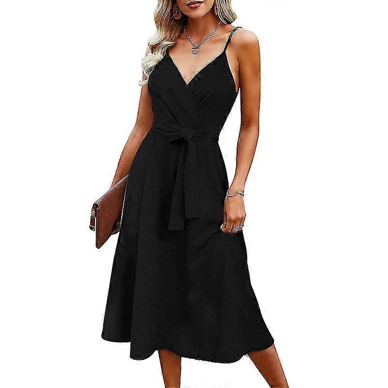 Women V Neck Long Dress Casual Holiday Summer Beach Sundress Strappy Midi Dresses | Fruugo SG