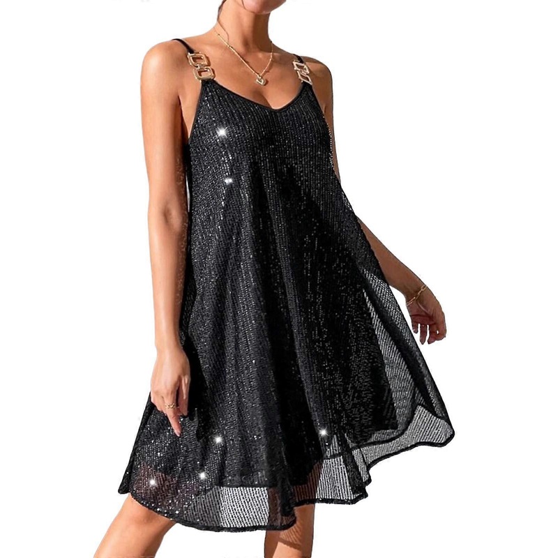 Womens Glitter Sequins V-Neck Spaghetti Strap Mini Party Dress Clubwear Y2K Backless A-Line Dresses Low Cut Dress  Black M | Fruugo SG
