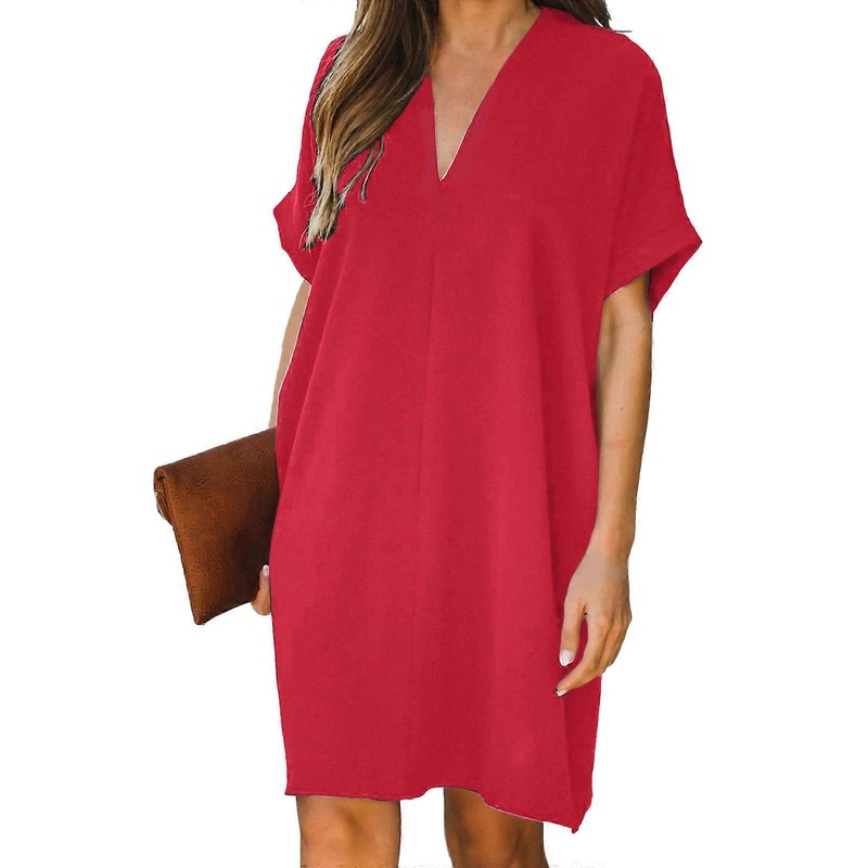 Womens Loose Fit V Neck Short Sleeve Tunic Solid Color Mini Shift Dress Summer Casual Dress  Red XL | Fruugo SG