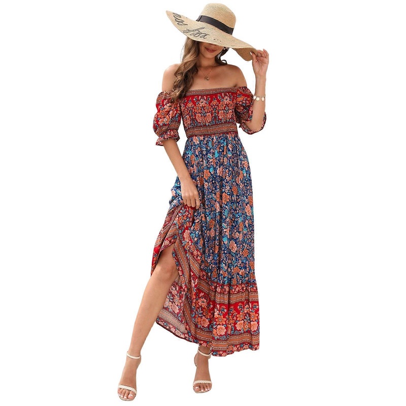 Womens Puff Sleeve Dress Bohemian Floral Print Off Shoulder Summer Dress Smocked Long A-Line Flowy Dress  Red XL | Fruugo SG