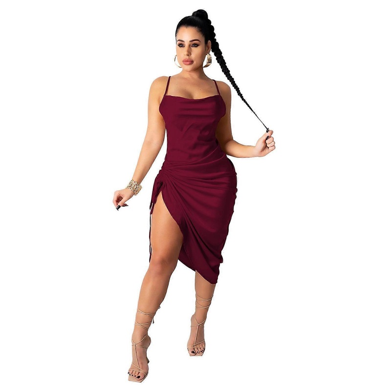 Womens Satin Cowl Neck Sleeveless Spaghetti Strap Midi Dress Sexy Backless Side Ruched Drawstring Slit Cocktail Dresses  Burgundy XL | Fruugo SG