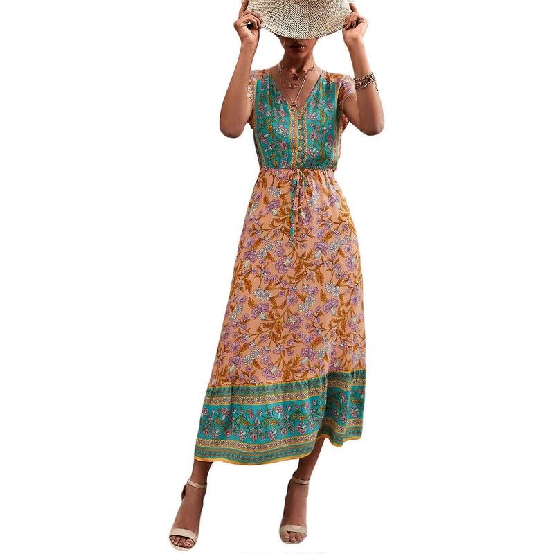 Womens Summer Casual Boho Dress Floral Print Short Sleeve High Waist Button Up Beach Dresses with Belt  yellow green S | Fruugo SG