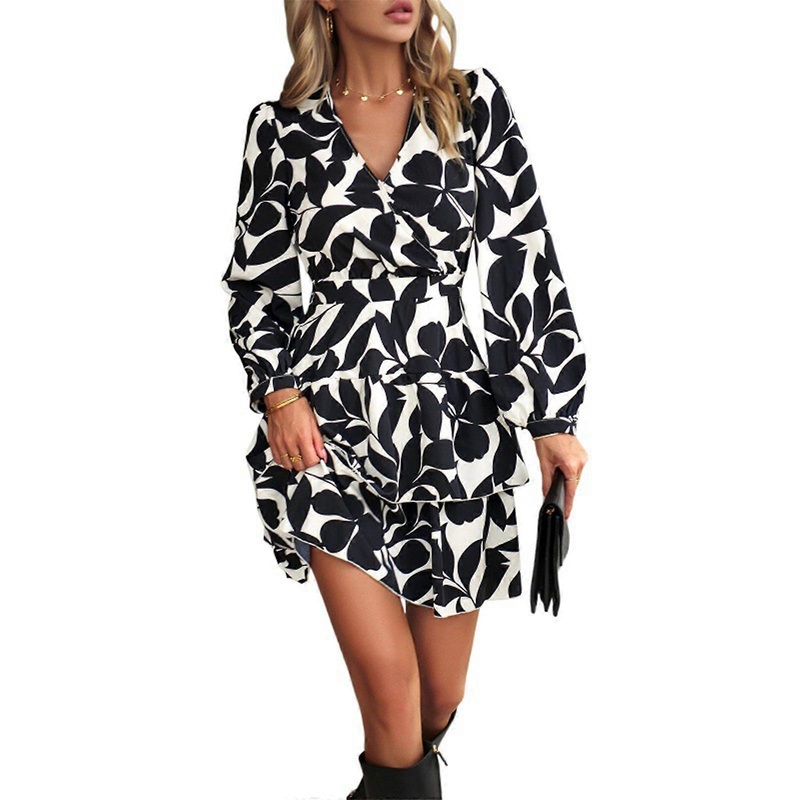Womens Summer Wrap V-Neck Floral Print Ruffle Long Sleeve Mini Dress Summer Beach Party Short Dress  Black M | Fruugo SG