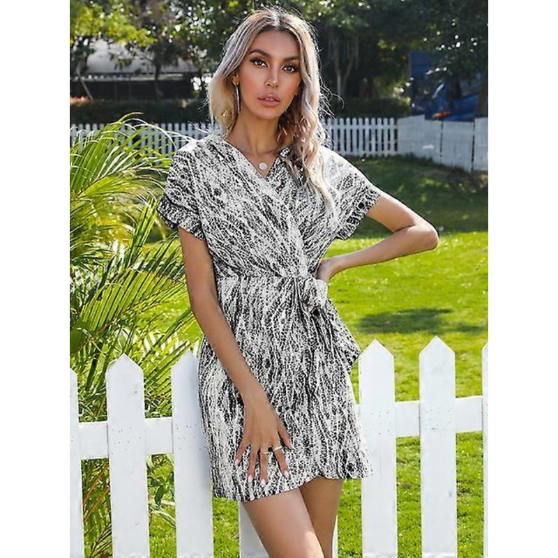 Yitimoky Women Dress V-neck Lace Up Bow Summer Tie Dye Holiday Irregular Short Sleeve Sweet Clothe Black Blue Dresses Above Knee-Black,XL | Fruugo SG