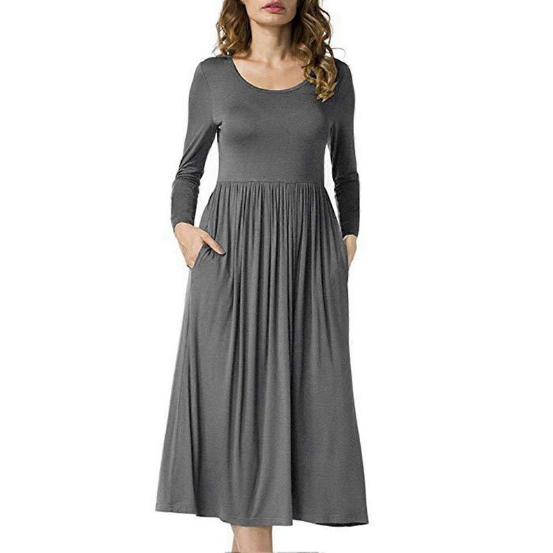 Dress Long Sleeve Round Neck Pure Color Flowy Swing Hem Comfortable Dress for Women Grey M | Fruugo SG