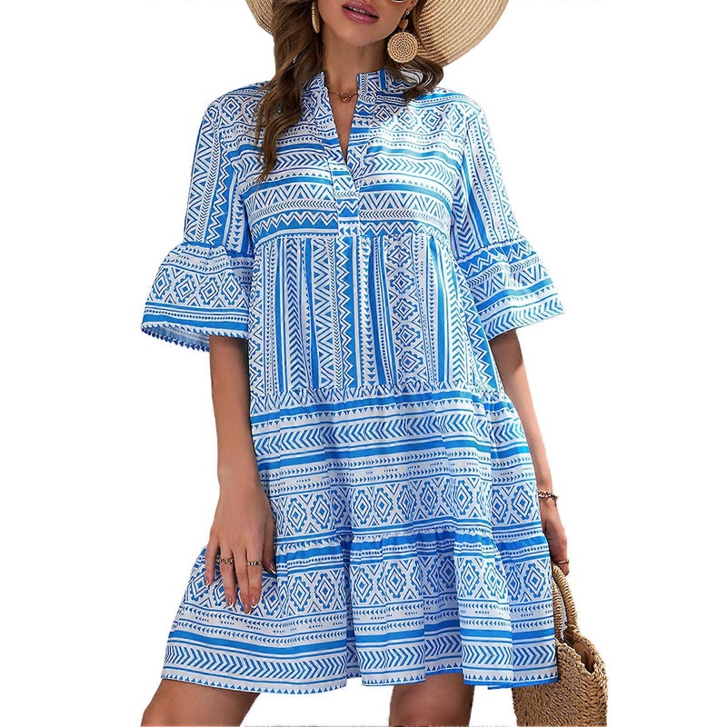Dress Printed Half Sleeves V Neck Geometric Print Casual Loose Elegant Dress for Summer Blue XXL | Fruugo SG