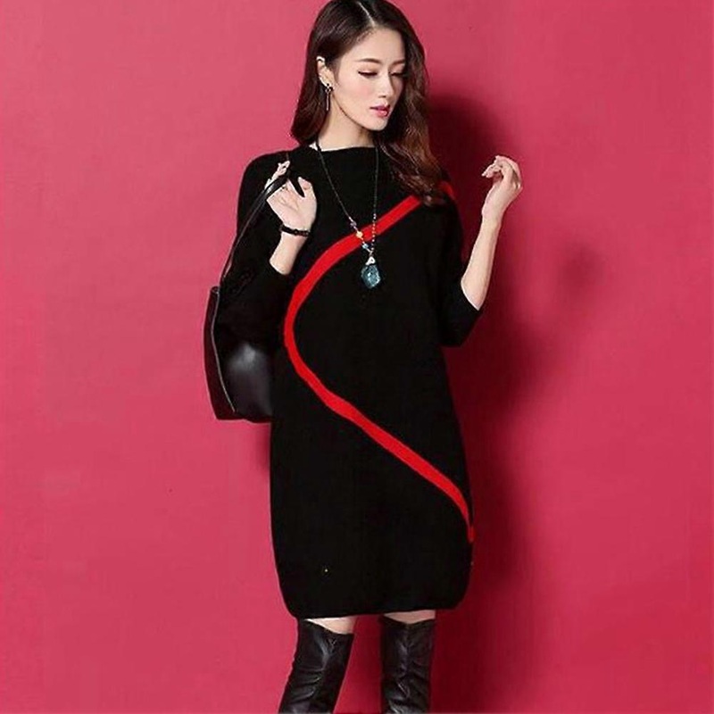 Fashion Women Long T-Shirt Long Sleeve Round Neck Casual Above Knee Length Shirt Dress Black L | Fruugo SG