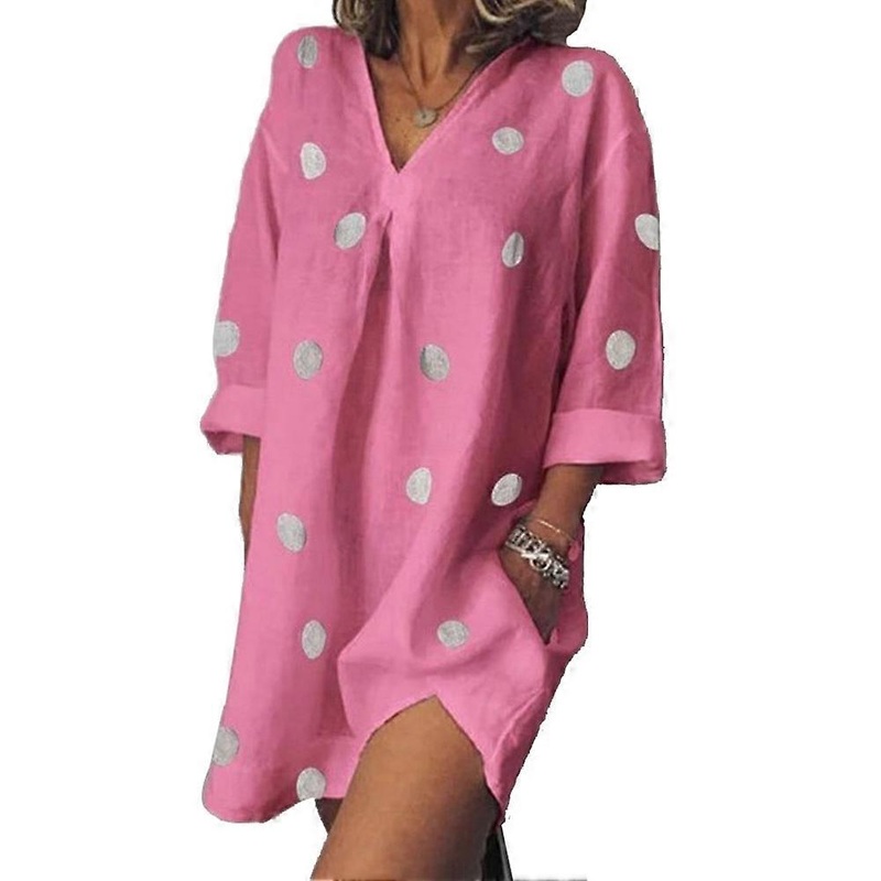 Fashion Women Split Dress Nine Point Sleeve V Neck Above Knee Length Loose Dress (Pink L) | Fruugo SG
