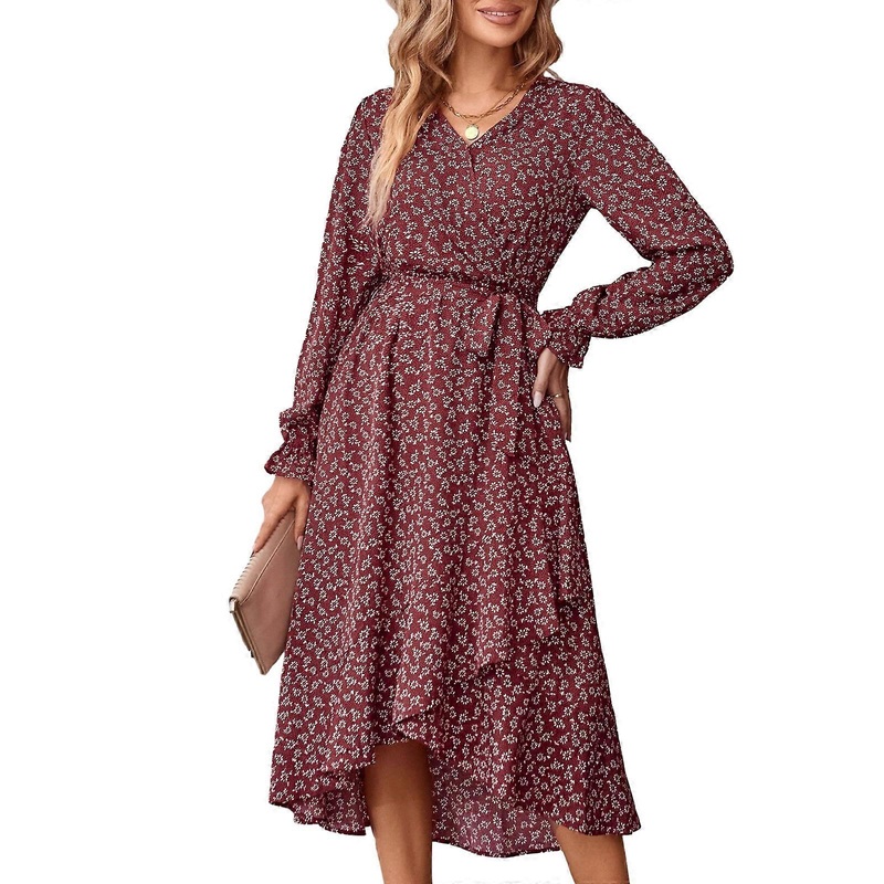 Fashionable V Neck Ruffled Vintage Long Sleeve Dress with Unique Cut and Floral Print Belted Dresses Perfect for Women  Red XL | Fruugo SG