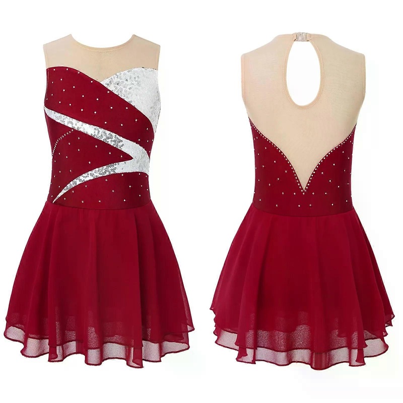 Girls Sleeveless Figure Ice Skating Dress Shiny Sequin Rhinestone Sheer Mesh Leotard Tutu Ballet Gymnastics Acrobatics Dancewear | Fruugo SG