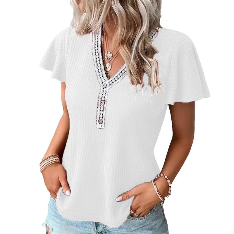 Women Ruffle Short Sleeve Lace V Neck Cute Button Pure Color Fashionable Casual Blouse for Party Shopping Office | Fruugo SG