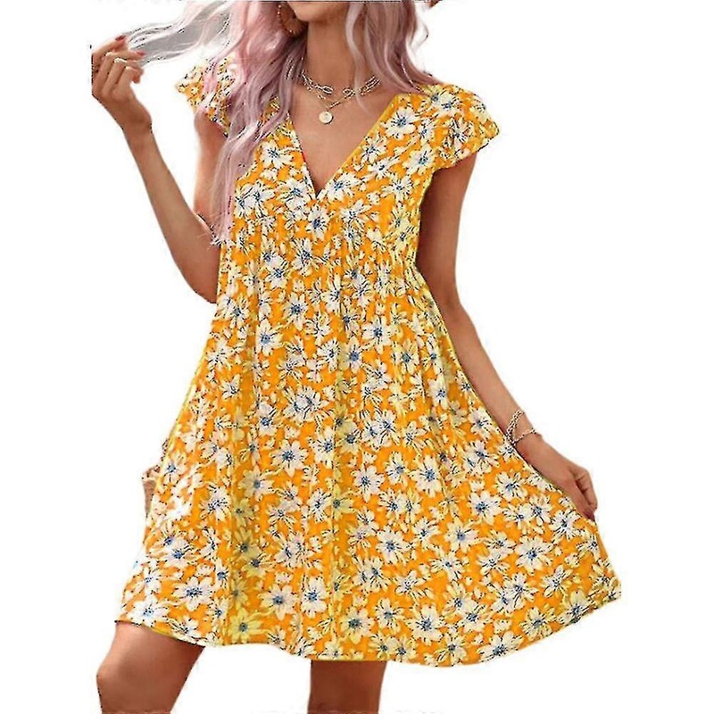 Women’s Boho Summer Floral Dress Short Sleeve V Neck Mini Dresses Loose Short Dress -c | Fruugo SG
