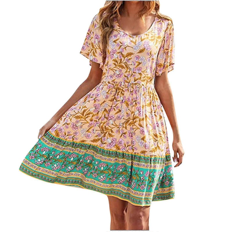 Women’s Casual Short Sleeve Boho Summer Dresses Crewneck Floral Print High Waist Beach Cute Mini Swing Flowy Dress | Fruugo SG