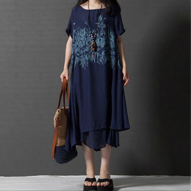 Women’s Ethnic Style Large Size Long Dress Floral Print Casual One-piece Dress(Navy Blue M) | Fruugo SG