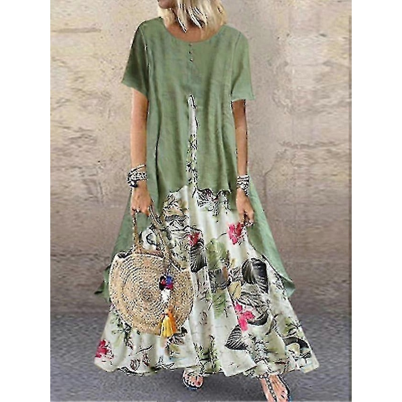Women’s Linen Dress Swing Dress Maxi Long Dress Green Purple Yellow Rosy Pink Orange Short Sleeve Floral Layered Patchwork Button Spring Dress-Good | Fruugo SG