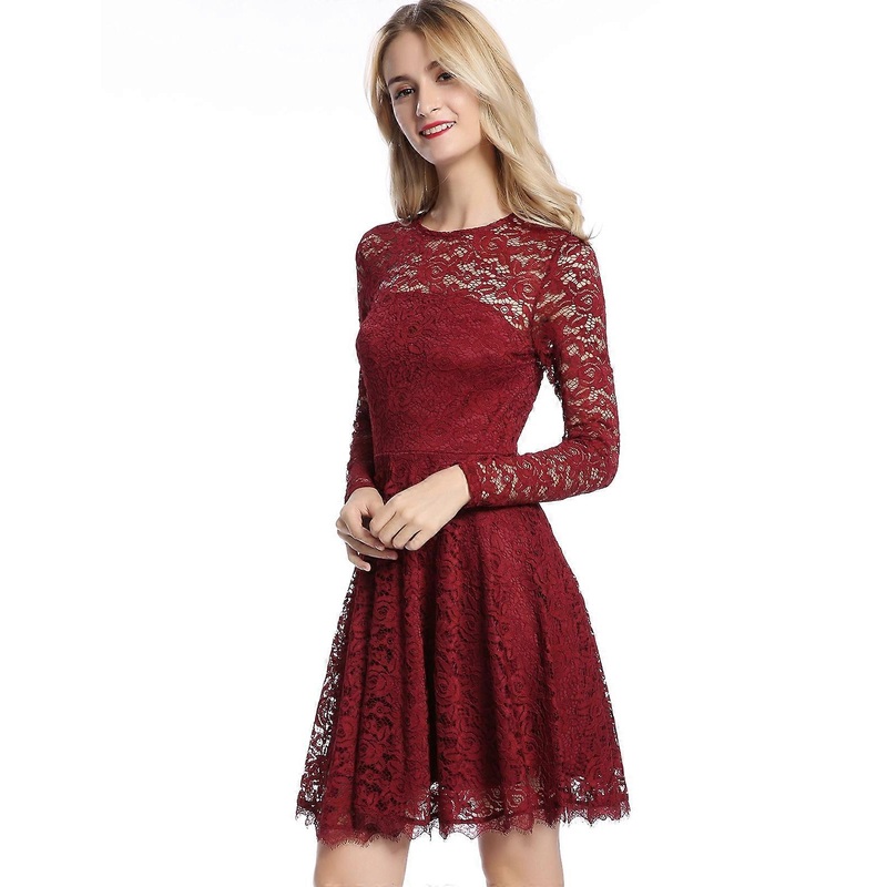 Women’s Solid Color Pleated Skater Lace Dress Wine Red X-Large | Fruugo SG