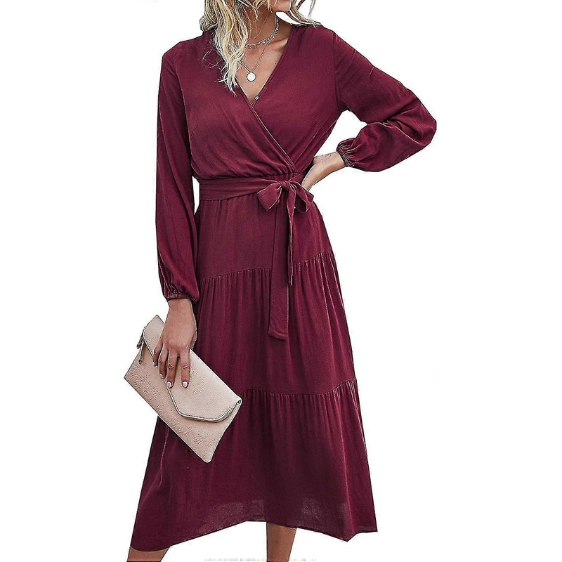 Women’s Wrap V Neck Puff Long Sleeve Pleated Elegant Midi Dress With Belt And Snap-red(m) | Fruugo SG