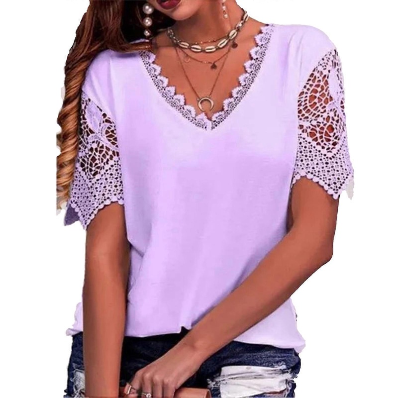 Women Short Sleeve Blouse V Neck Cute Lace Pure Color Fashionable Breathable Casual for Shopping Dating Office | Fruugo SG