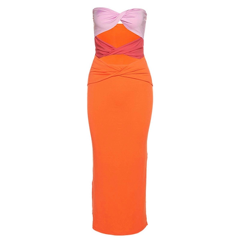 Women Summer Sexy Strapless Twist Ruched Front Midi Long Bodycon Dress Hollow Out Contrast Color Off Shoulder Sleeveless Side Split Beach Party Clubwe | Fruugo SG