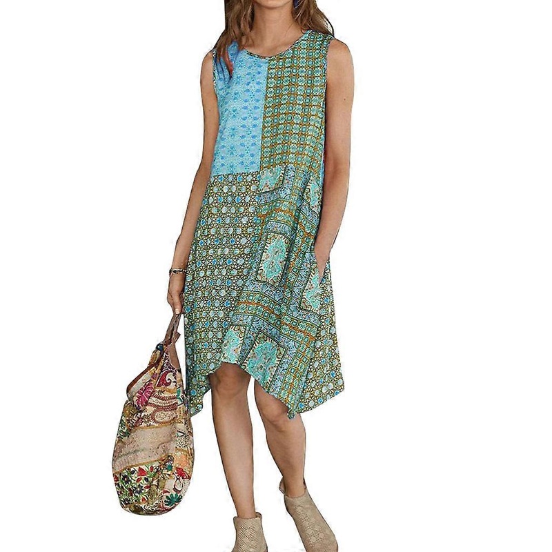 Women Summer Sleeveless O-Neck Midi Long for Tank Dress Boho Floral Print Casual Loose Pullover Beach Sundress with Pock | Fruugo SG