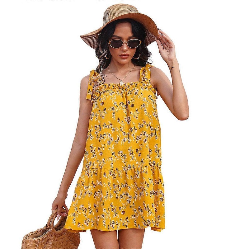 Women Tie Up Spaghetti Strap Ruffled Boho Floral Print Yellow Flowy Mini Dress | Fruugo SG