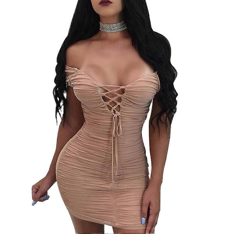 Women V-neck One-piece Dress Solid Color Off-shoulder Backless Bodycon Dress(Khaki L) | Fruugo SG