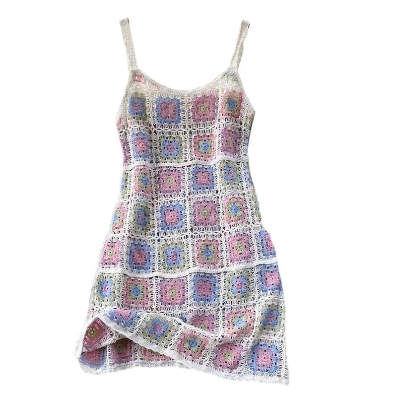 Women Vacation Beach Crochet Spaghetti Strap Midi Cami Dress Boho Hollow Out Knitted Colorful Floral Backless A-Line Summer Sling Sundress | Fruugo SG