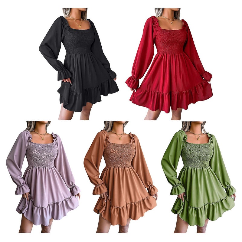 Womens A-Line Flowy Midi Dress Square Neck Puff Long Sleeve Ruffle Swing Solid Color Shirred Smocked Casual Dresses  Gray gray L | Fruugo SG