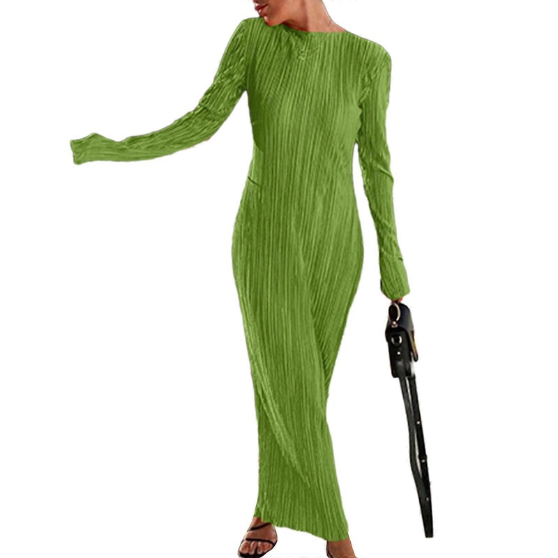 Womens Dress O-Neck Long Sleeve Long Dresses Cocktail Party Elegant Ribbed Dress Solid Color Hip Wrap Dresses  Green S | Fruugo SG