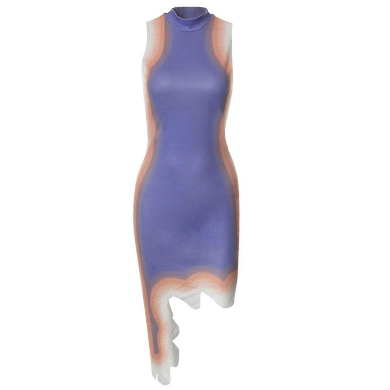 Womens Floral Print Dress Female Crew Neck Dress Summer Sleeveless Dress Irregular Bodycon Dress Ladies Party Dress Ins  Purple S | Fruugo SG