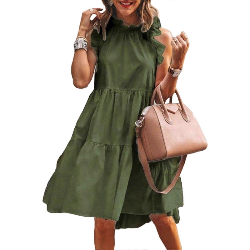 Womens Summer Dresses Sleeveless Ruffle Crew Neck Short Mini Dress Casual Tiered Flowy Swing Dress Solid Color Gift  XL Green | Fruugo SG