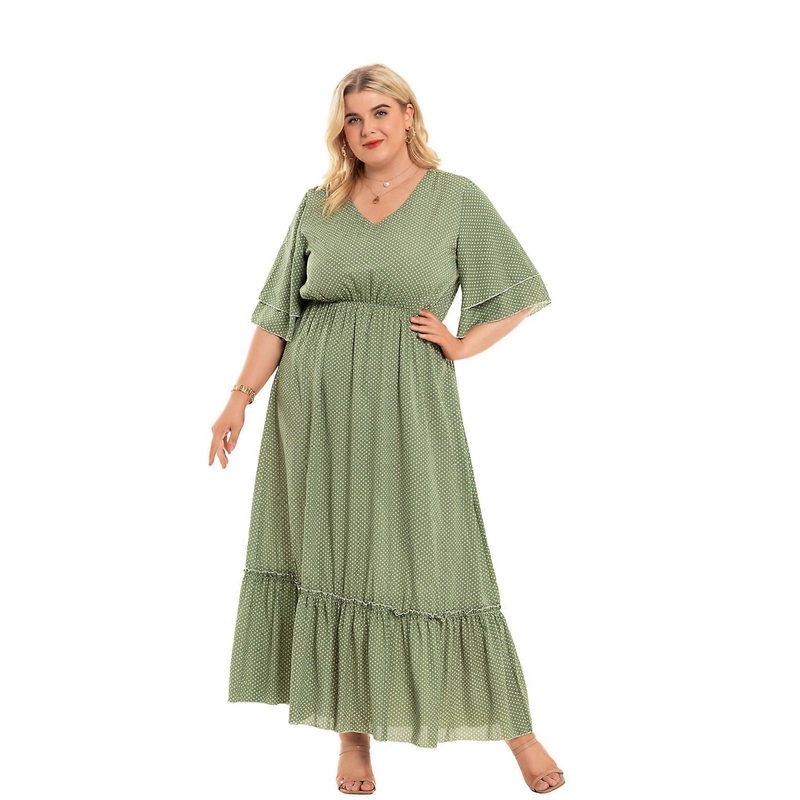 Womens V Neck Party Maxi Long Dress Tiered Ruffles Half Sleeve Elastic Waist Dots Printed Flared Swing Beach Gown XL-4XL  Green XXXL | Fruugo SG