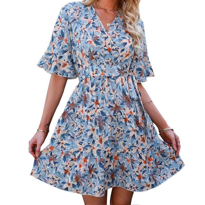 Wrap V Neck Short Ruffle Sleeve Dress Women Casual Belted A Line Floral Print Dress for Dating Yellow Flower M | Fruugo SG