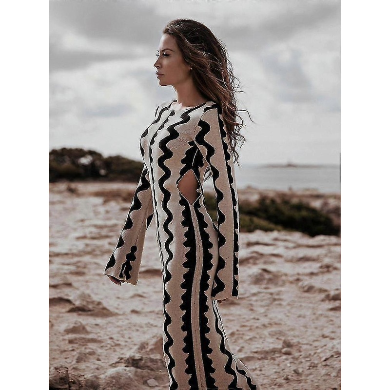 Autumn Knitted Maxi Dress Flare Long Sleeve Bodycon Dress For Women Elegant Sexy Cut Out Wave Christmas Party Evening Outfits C | Fruugo SG